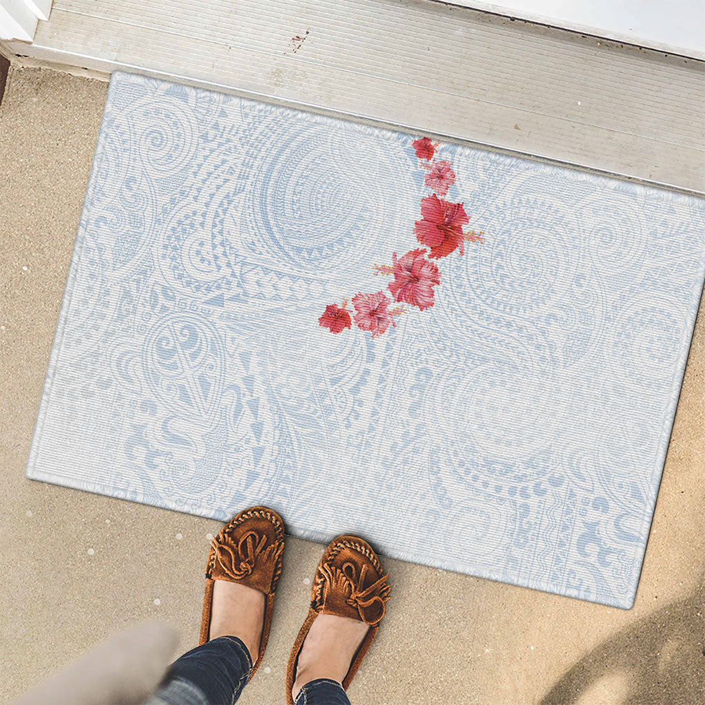 Hawaiian Tribal Tattoo and Hibiscus Rubber Doormat Polynesian Pattern Airy White Blue Cloud LT03 - Polynesian Pride