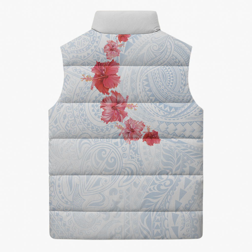 Hawaiian Tribal Tattoo and Hibiscus Sleeveless Puffer Jacket Polynesian Pattern Airy White Blue Cloud LT03 - Polynesian Pride