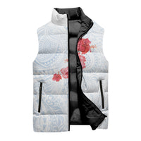 Hawaiian Tribal Tattoo and Hibiscus Sleeveless Puffer Jacket Polynesian Pattern Airy White Blue Cloud LT03 - Polynesian Pride
