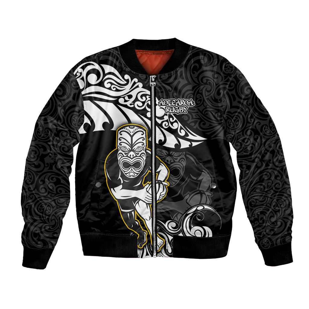 New Zealand Rugby Bomber Jacket Maori Warrior Rugby Silver Fern Tribal Pattern LT03 Unisex Black - Polynesian Pride