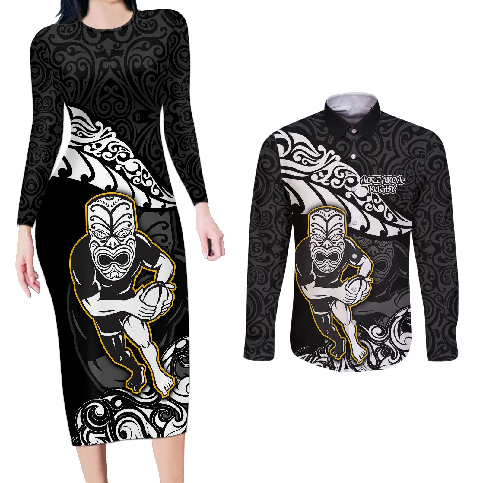 new-zealand-rugby-couples-matching-long-sleeve-bodycon-dress-and-long-sleeve-button-shirts-maori-warrior-rugby-silver-fern-tribal-pattern