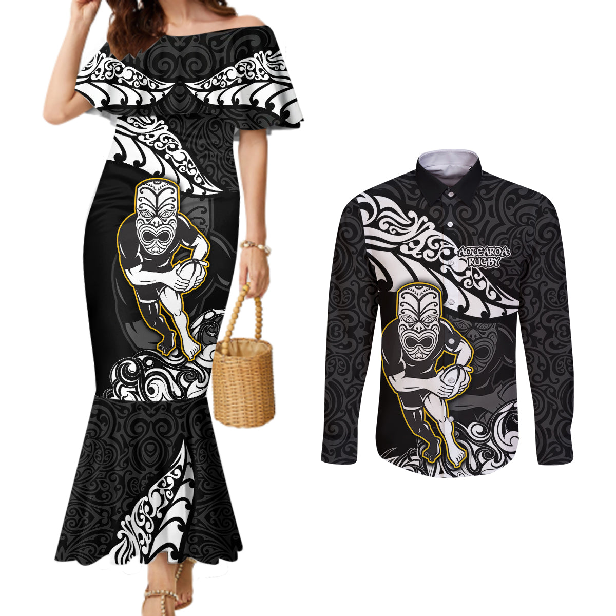 new-zealand-rugby-couples-matching-mermaid-dress-and-long-sleeve-button-shirts-maori-warrior-rugby-silver-fern-tribal-pattern