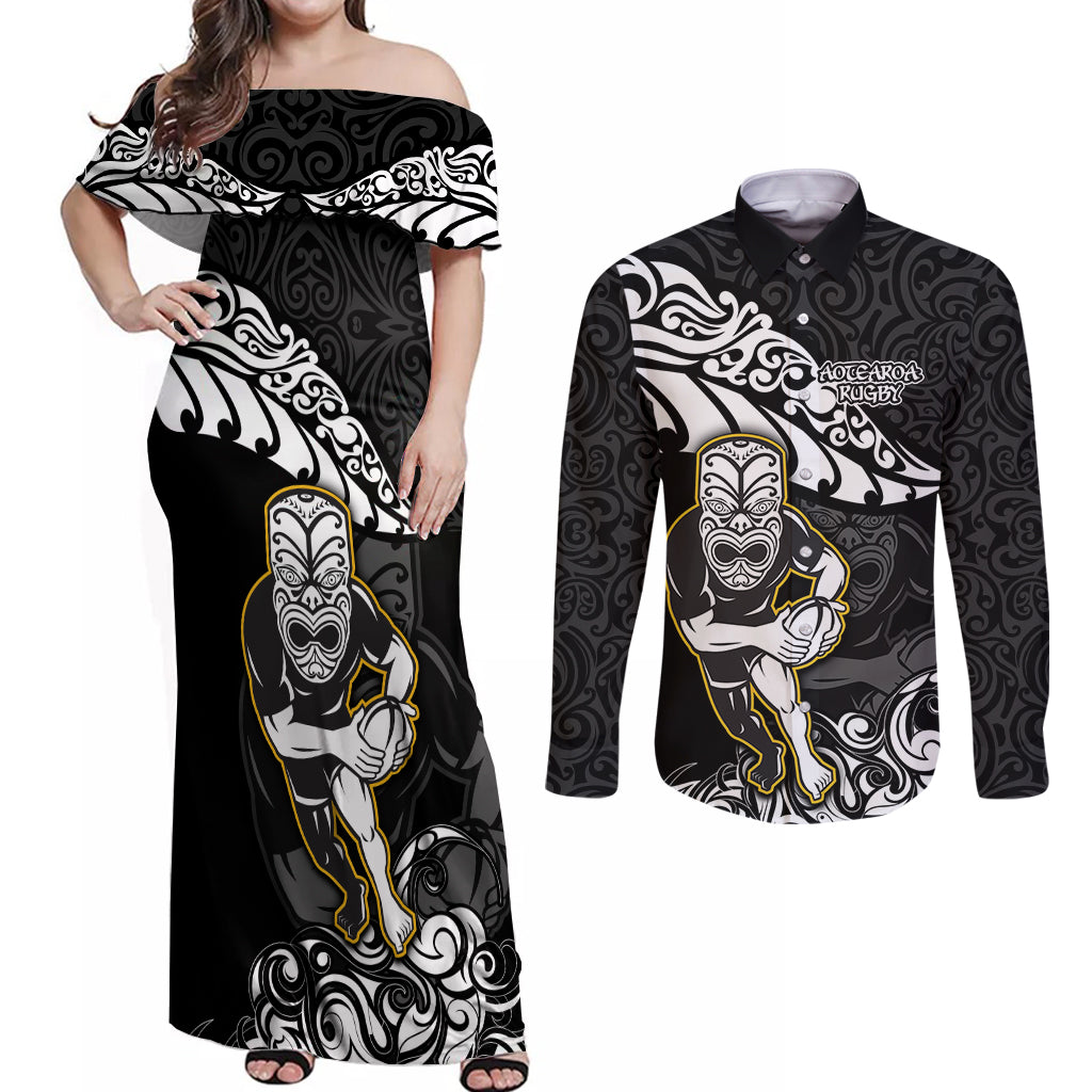 new-zealand-rugby-couples-matching-off-shoulder-maxi-dress-and-long-sleeve-button-shirts-maori-warrior-rugby-silver-fern-tribal-pattern