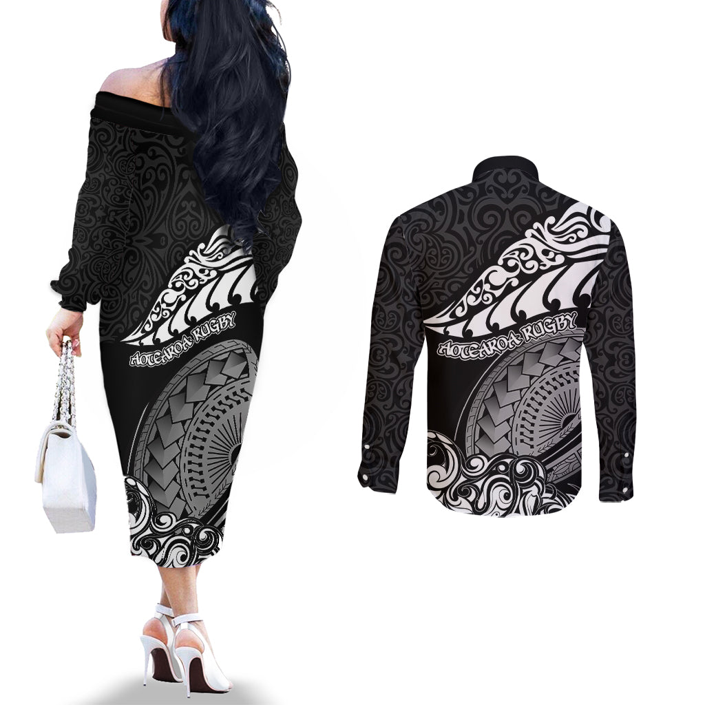 new-zealand-rugby-couples-matching-off-the-shoulder-long-sleeve-dress-and-long-sleeve-button-shirts-maori-warrior-rugby-silver-fern-tribal-pattern