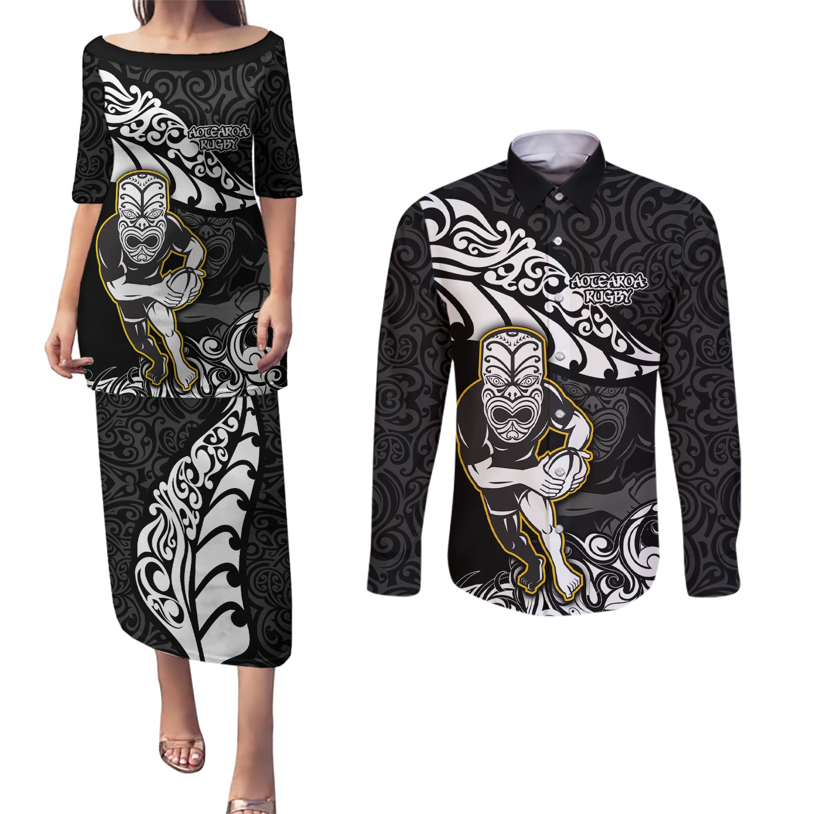 new-zealand-rugby-couples-matching-puletasi-dress-and-long-sleeve-button-shirts-maori-warrior-rugby-silver-fern-tribal-pattern