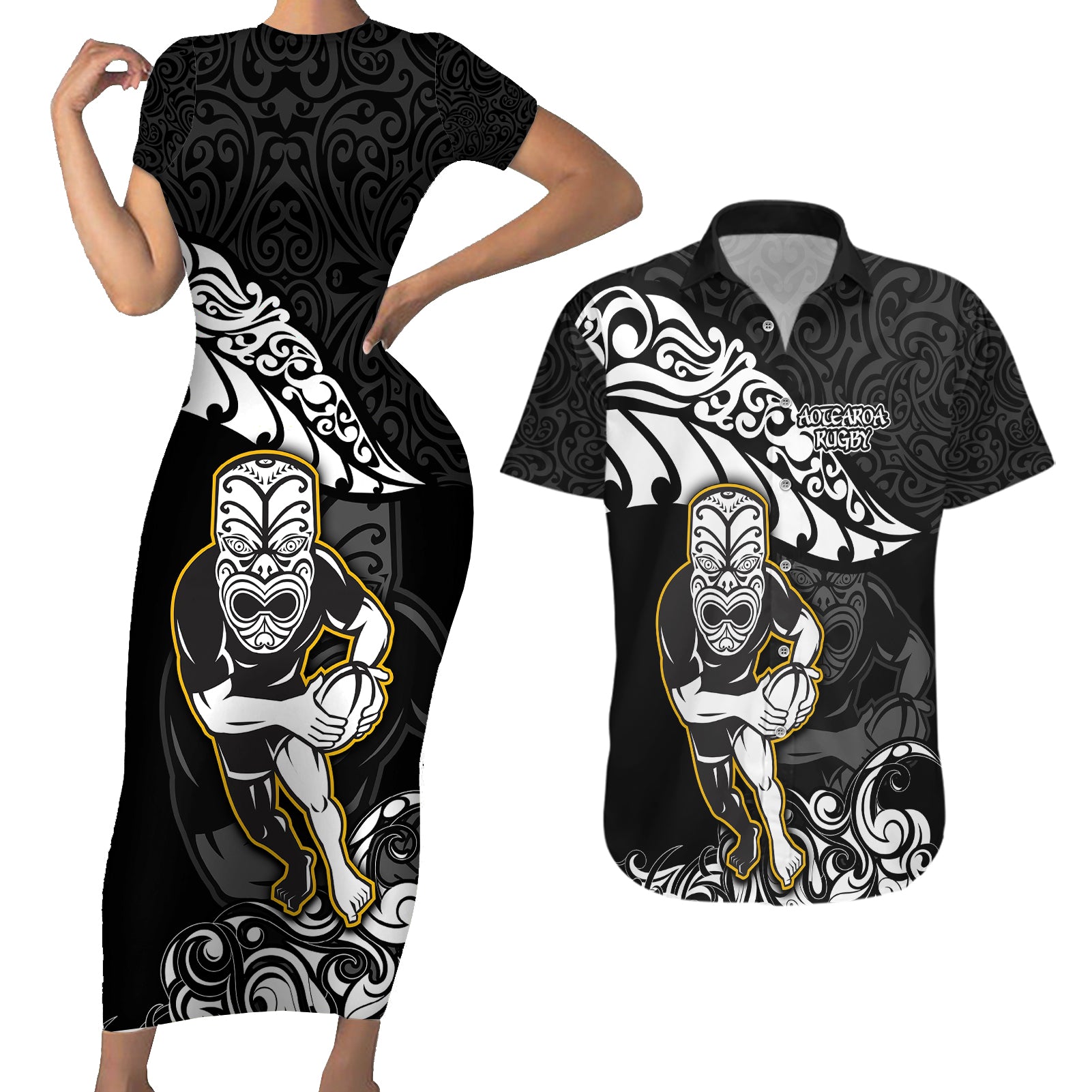 new-zealand-rugby-couples-matching-short-sleeve-bodycon-dress-and-hawaiian-shirt-maori-warrior-rugby-silver-fern-tribal-pattern