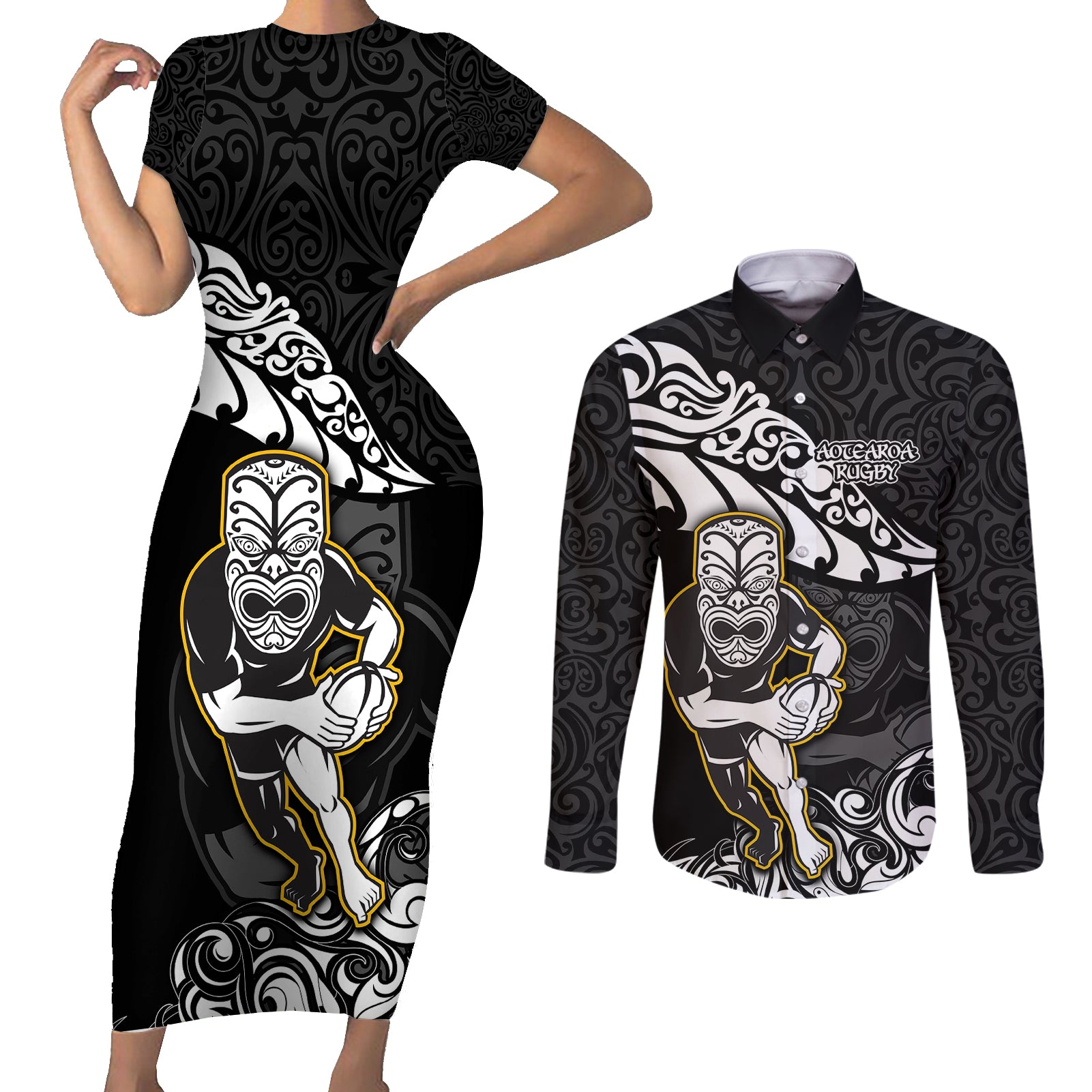 new-zealand-rugby-couples-matching-short-sleeve-bodycon-dress-and-long-sleeve-button-shirts-maori-warrior-rugby-silver-fern-tribal-pattern