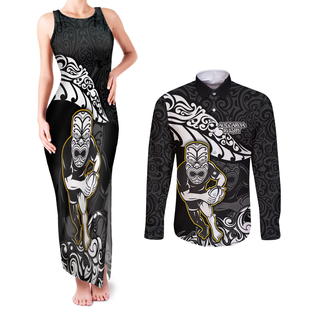 new-zealand-rugby-couples-matching-tank-maxi-dress-and-long-sleeve-button-shirts-maori-warrior-rugby-silver-fern-tribal-pattern