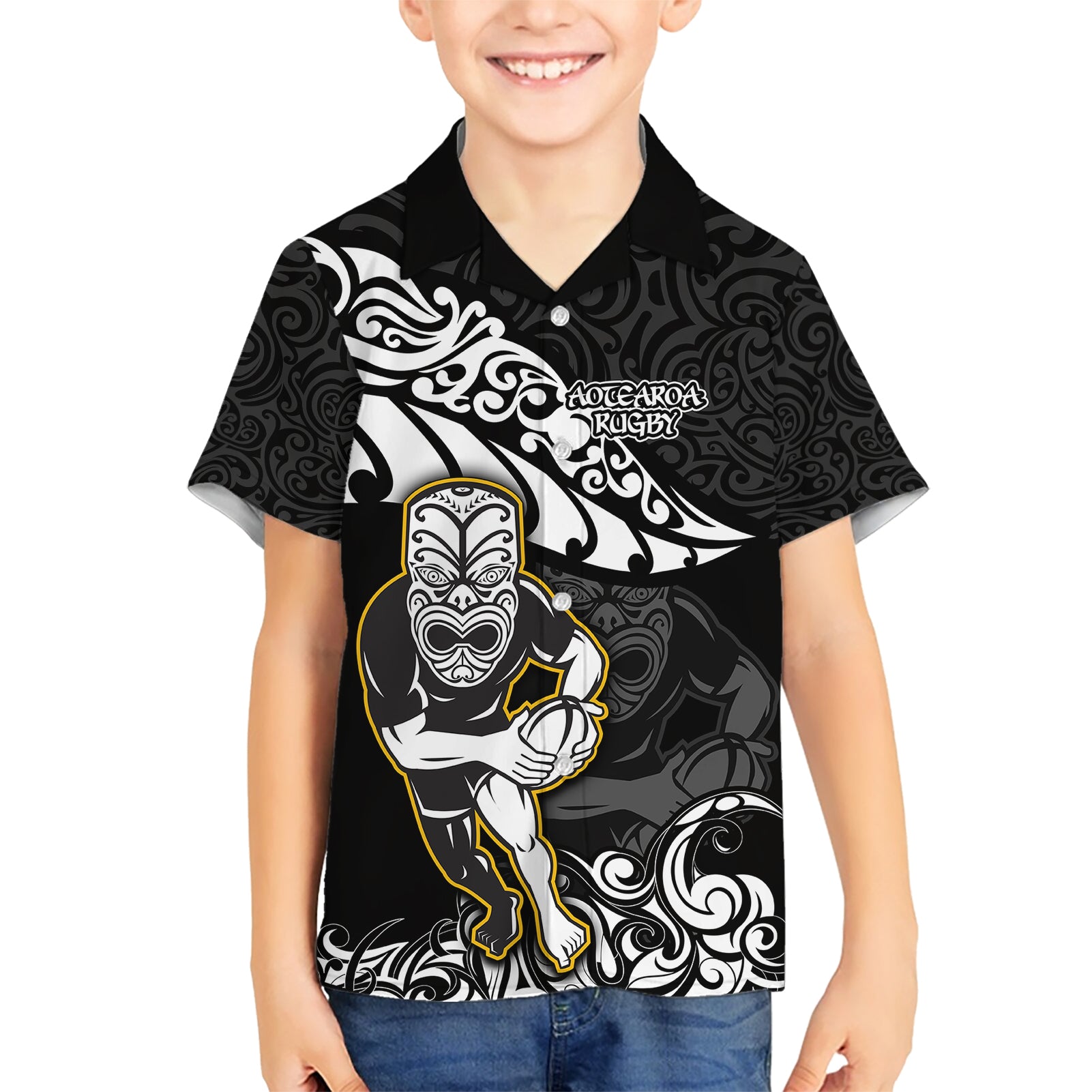 new-zealand-rugby-kid-hawaiian-shirt-maori-warrior-rugby-silver-fern-tribal-pattern