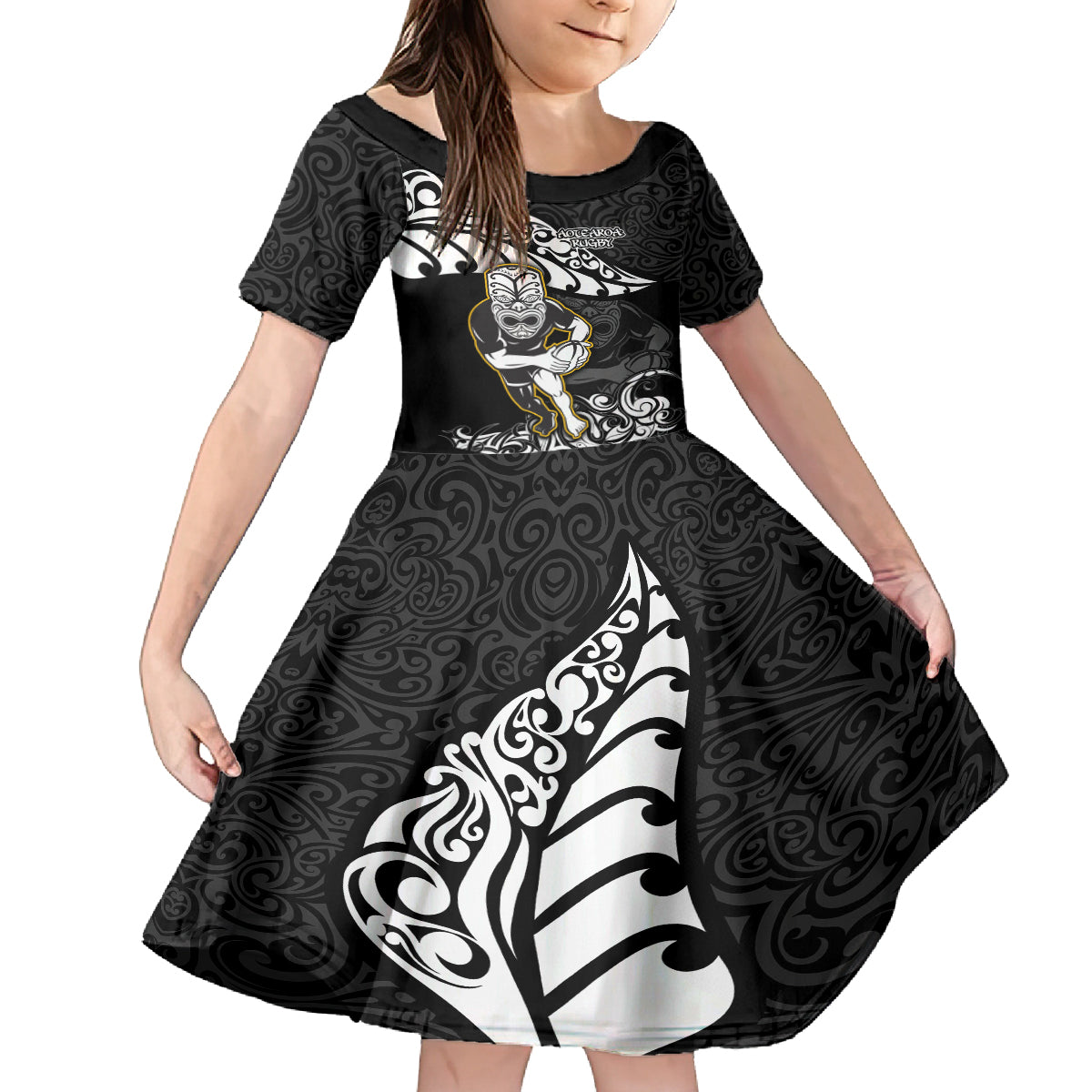 new-zealand-rugby-kid-short-sleeve-dress-maori-warrior-rugby-silver-fern-tribal-pattern