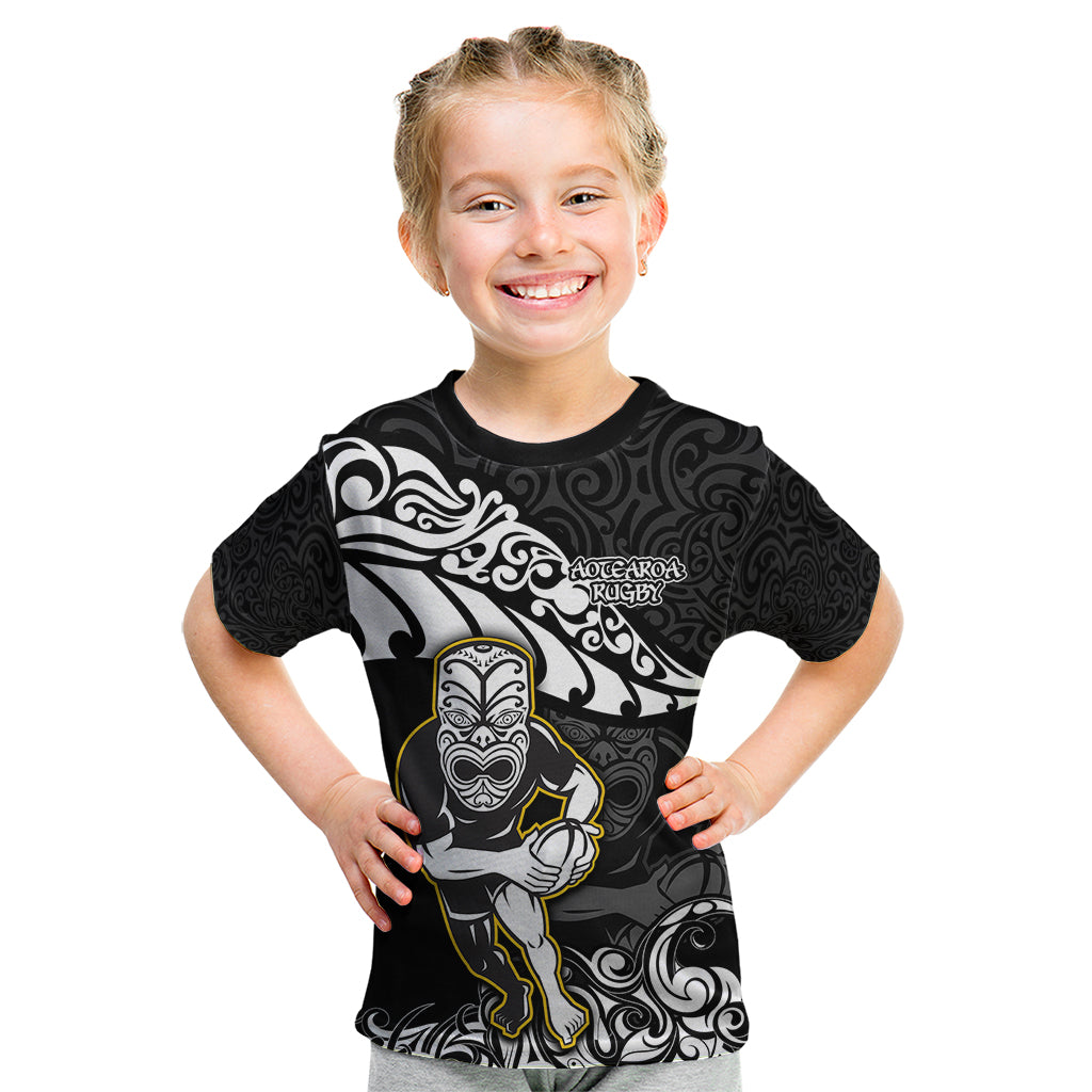 New Zealand Rugby Kid T Shirt Maori Warrior Rugby Silver Fern Tribal Pattern LT03 Black - Polynesian Pride