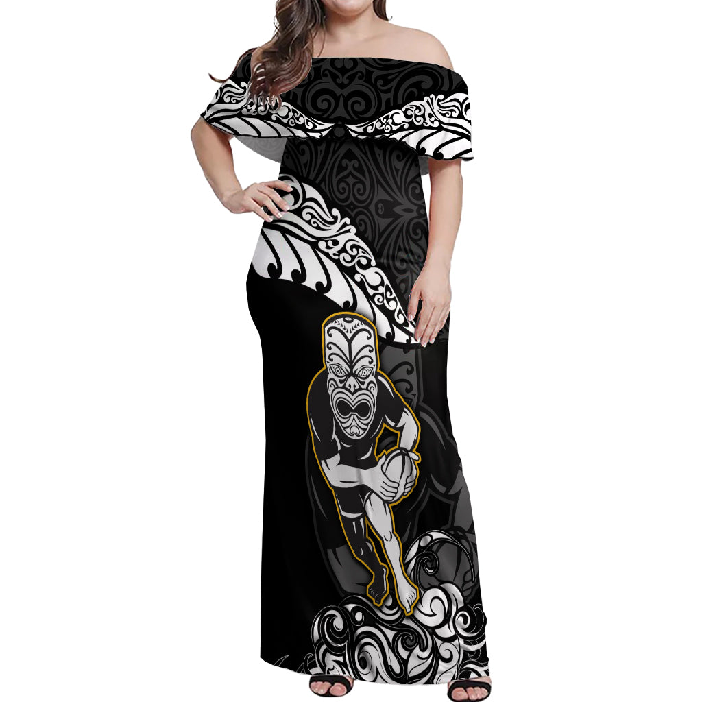 new-zealand-rugby-off-shoulder-maxi-dress-maori-warrior-rugby-silver-fern-tribal-pattern