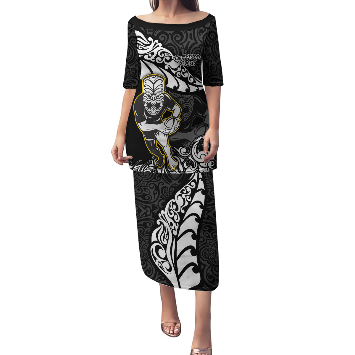 New Zealand Rugby Puletasi Maori Warrior Rugby Silver Fern Tribal Pattern LT03 Long Dress Black - Polynesian Pride