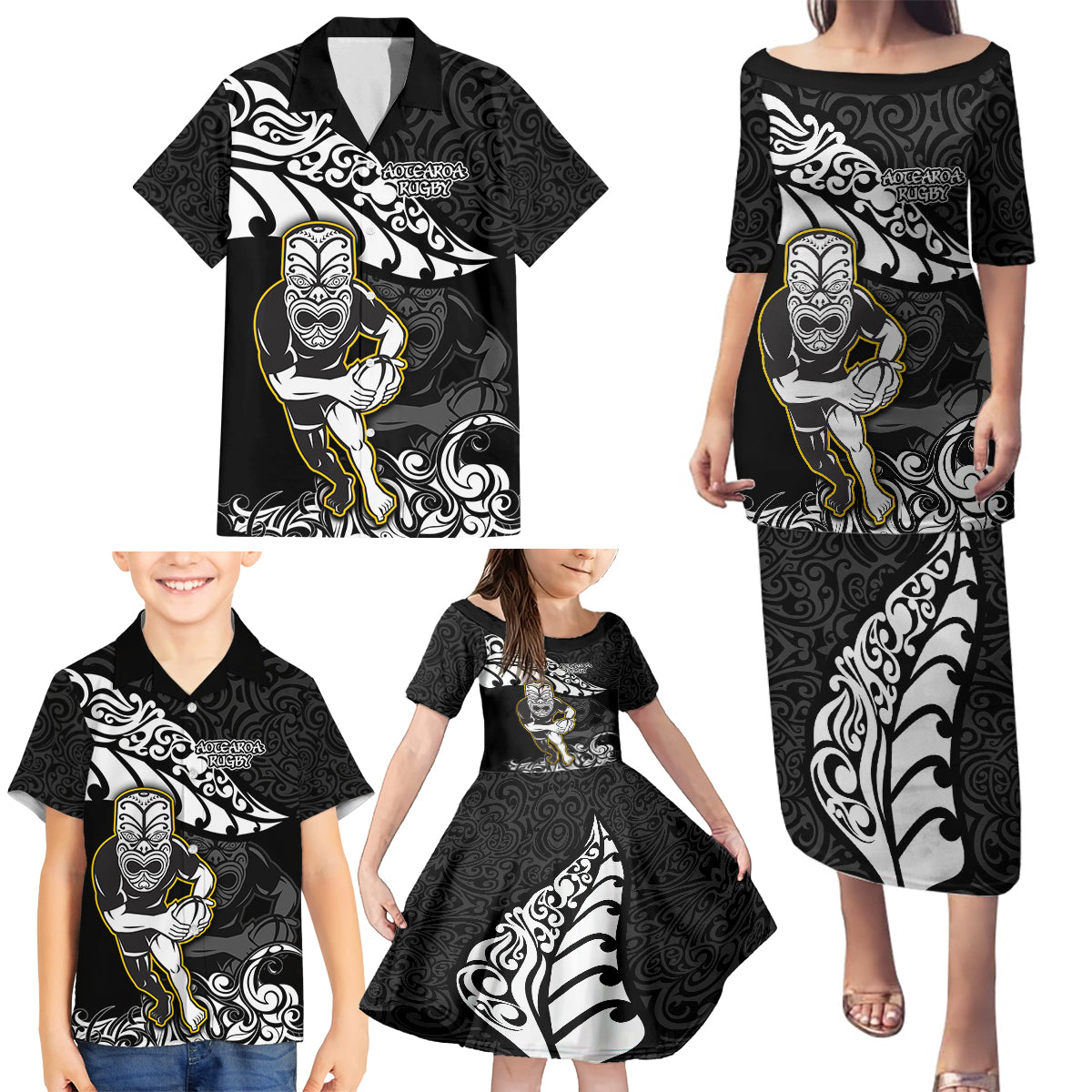 Custom New Zealand Rugby Family Matching Puletasi Dress and Hawaiian Shirt Maori Warrior Rugby Silver Fern Tribal Pattern LT03 - Polynesian Pride