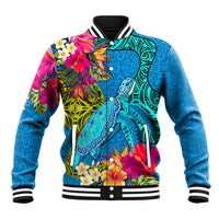Polynesian Baseball Jacket The Turtle Jung Flower with Maori Pattern Ethnic Style LT03 Unisex Blue - Polynesian Pride