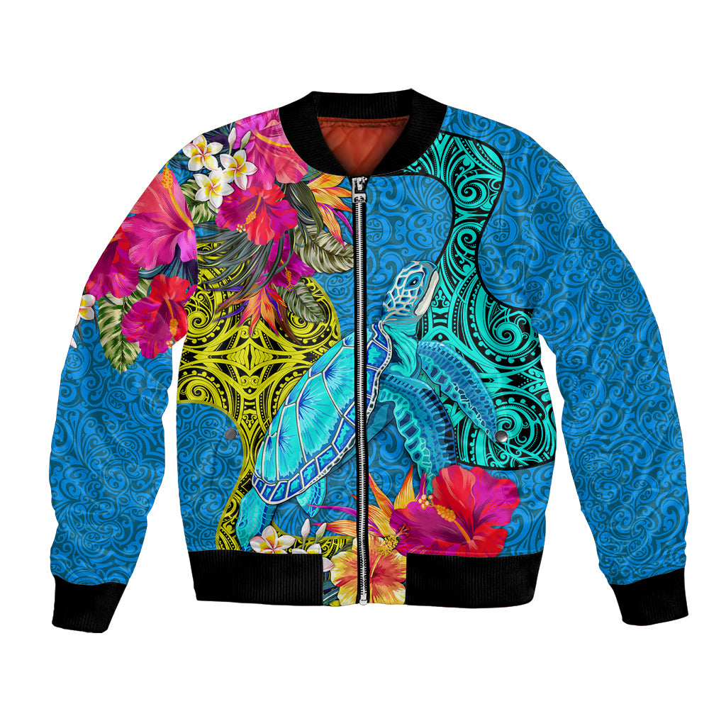 Polynesian Bomber Jacket The Turtle Jung Flower with Maori Pattern Ethnic Style LT03 Unisex Blue - Polynesian Pride