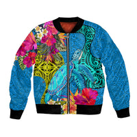 Polynesian Bomber Jacket The Turtle Jung Flower with Maori Pattern Ethnic Style LT03 Unisex Blue - Polynesian Pride