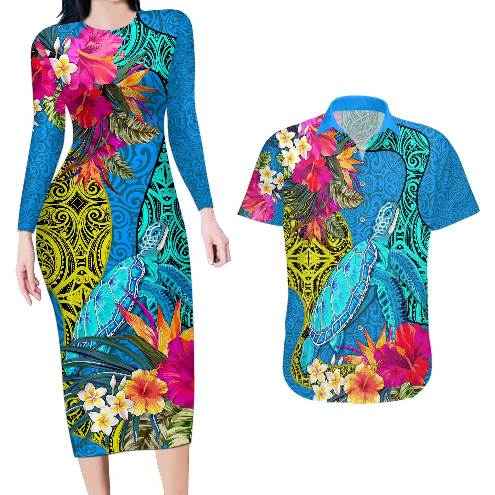 Polynesian Couples Matching Long Sleeve Bodycon Dress and Hawaiian Shirt The Turtle Jung Flower with Maori Pattern Ethnic Style LT03 Blue - Polynesian Pride