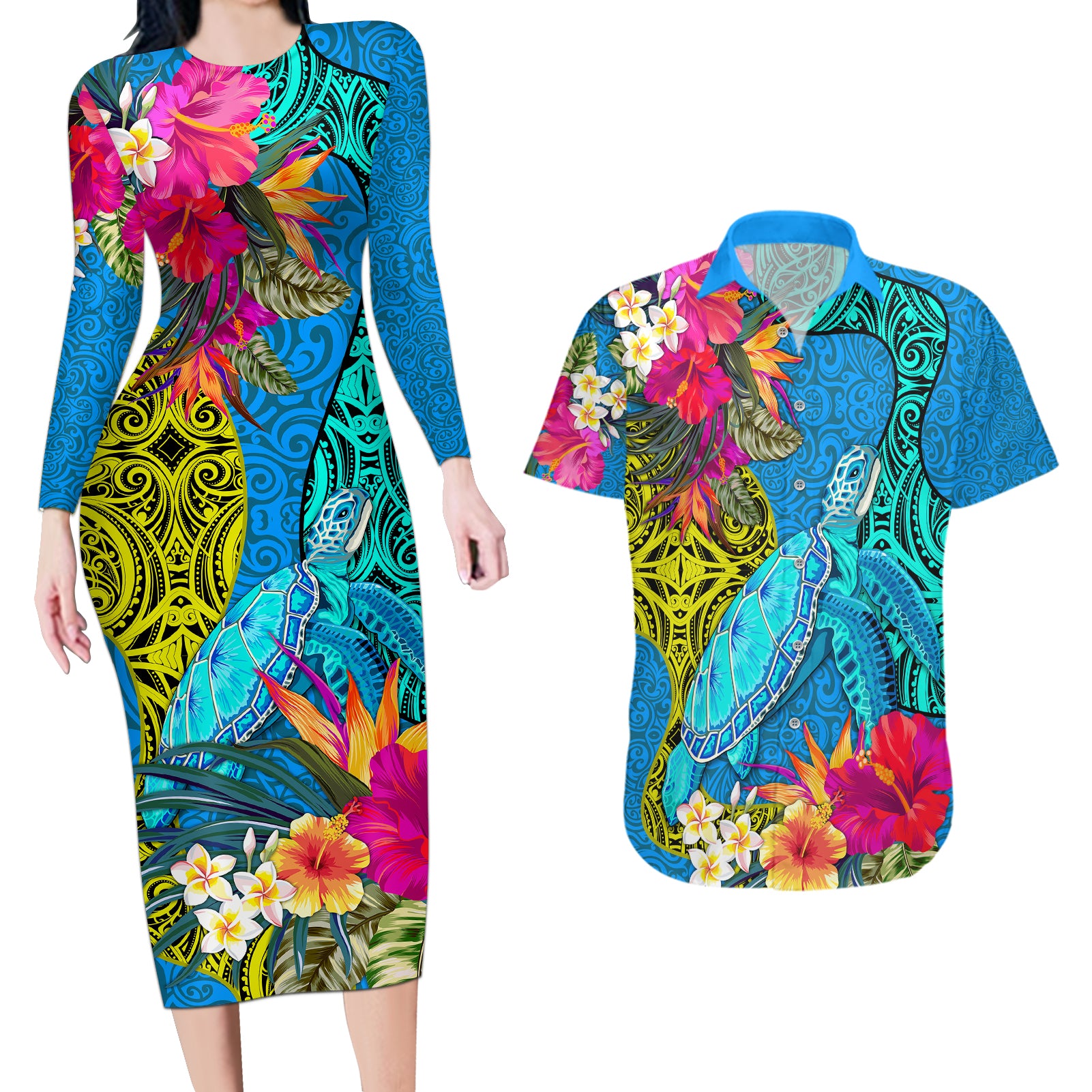 polynesian-couples-matching-long-sleeve-bodycon-dress-and-hawaiian-shirt-the-turtle-jung-flower-with-maori-pattern-ethnic-style