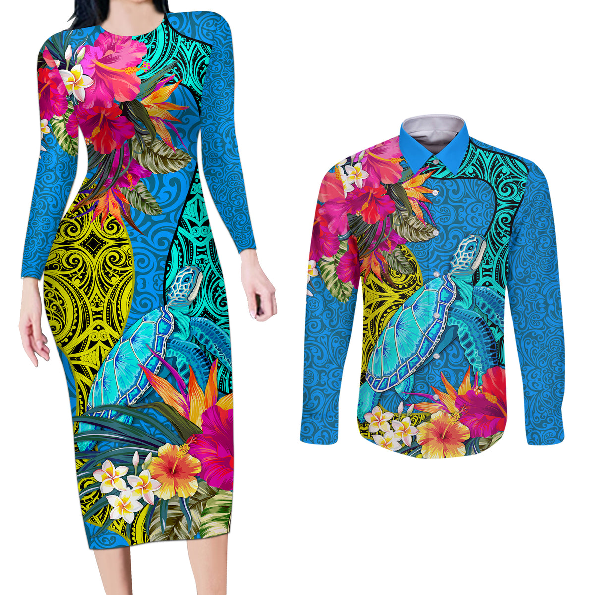 Polynesian Couples Matching Long Sleeve Bodycon Dress and Long Sleeve Button Shirts The Turtle Jung Flower with Maori Pattern Ethnic Style LT03 Blue - Polynesian Pride