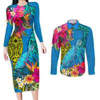 Polynesian Couples Matching Long Sleeve Bodycon Dress and Long Sleeve Button Shirts The Turtle Jung Flower with Maori Pattern Ethnic Style LT03 Blue - Polynesian Pride