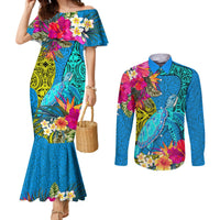 Polynesian Couples Matching Mermaid Dress and Long Sleeve Button Shirts The Turtle Jung Flower with Maori Pattern Ethnic Style LT03 Blue - Polynesian Pride