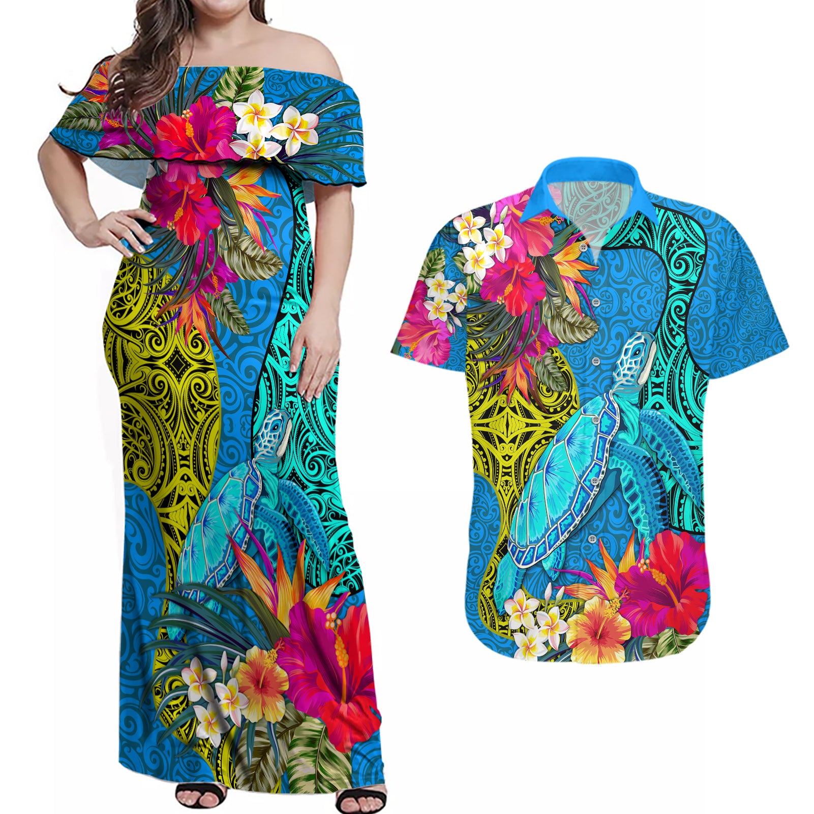 polynesian-couples-matching-off-shoulder-maxi-dress-and-hawaiian-shirt-the-turtle-jung-flower-with-maori-pattern-ethnic-style