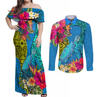 Polynesian Couples Matching Off Shoulder Maxi Dress and Long Sleeve Button Shirts The Turtle Jung Flower with Maori Pattern Ethnic Style LT03 Blue - Polynesian Pride