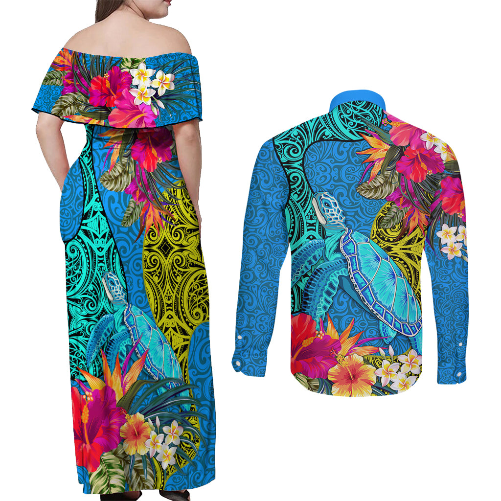 Polynesian Couples Matching Off Shoulder Maxi Dress and Long Sleeve Button Shirts The Turtle Jung Flower with Maori Pattern Ethnic Style LT03 - Polynesian Pride