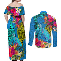 Polynesian Couples Matching Off Shoulder Maxi Dress and Long Sleeve Button Shirts The Turtle Jung Flower with Maori Pattern Ethnic Style LT03 - Polynesian Pride