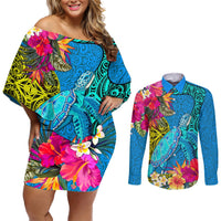 Polynesian Couples Matching Off Shoulder Short Dress and Long Sleeve Button Shirts The Turtle Jung Flower with Maori Pattern Ethnic Style LT03 Blue - Polynesian Pride