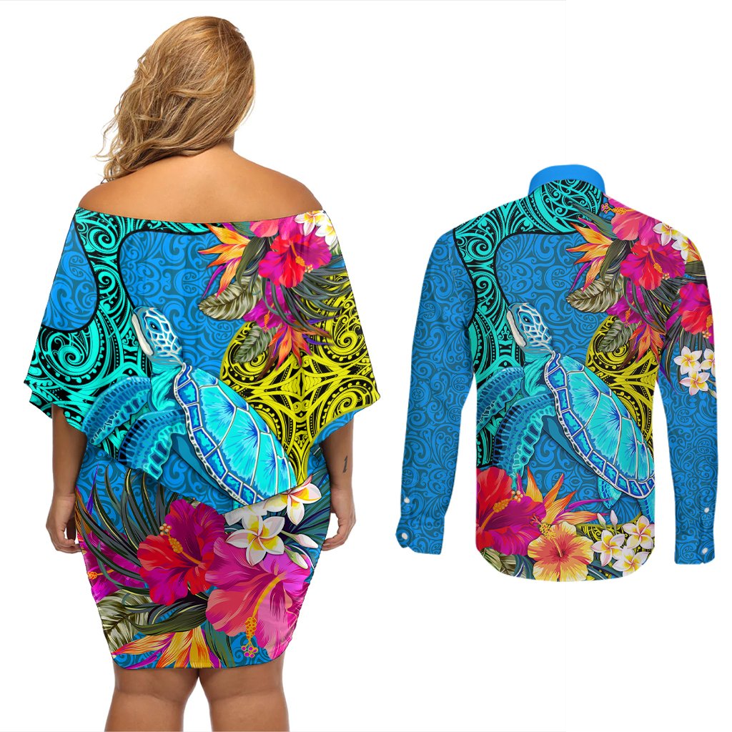 Polynesian Couples Matching Off Shoulder Short Dress and Long Sleeve Button Shirts The Turtle Jung Flower with Maori Pattern Ethnic Style LT03 - Polynesian Pride