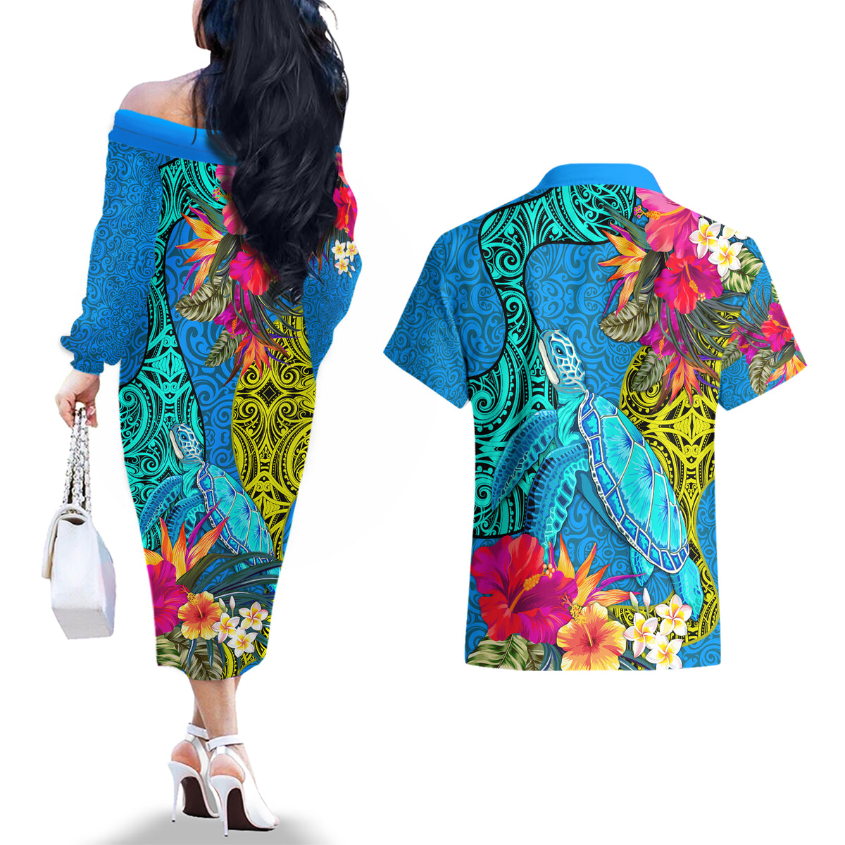 polynesian-couples-matching-off-the-shoulder-long-sleeve-dress-and-hawaiian-shirt-the-turtle-jung-flower-with-maori-pattern-ethnic-style