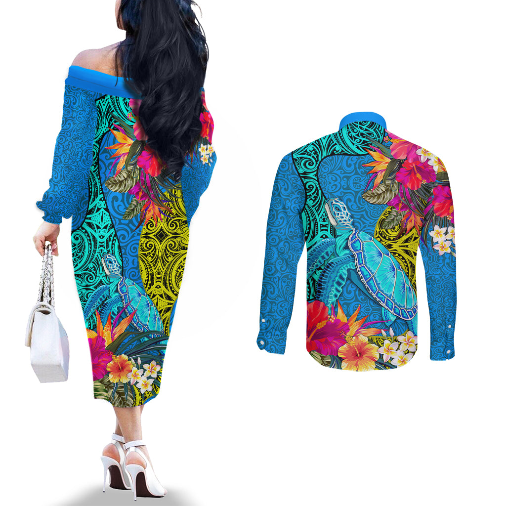 Polynesian Couples Matching Off The Shoulder Long Sleeve Dress and Long Sleeve Button Shirts The Turtle Jung Flower with Maori Pattern Ethnic Style LT03 - Polynesian Pride