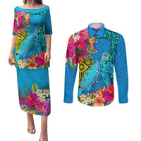 Polynesian Couples Matching Puletasi Dress and Long Sleeve Button Shirts The Turtle Jung Flower with Maori Pattern Ethnic Style LT03 Blue - Polynesian Pride