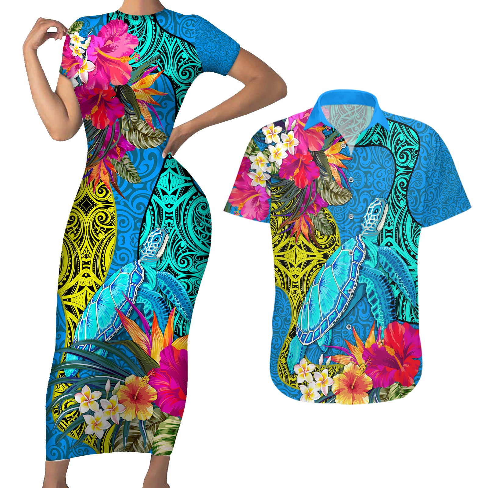 Polynesian Couples Matching Short Sleeve Bodycon Dress and Hawaiian Shirt The Turtle Jung Flower with Maori Pattern Ethnic Style LT03 Blue - Polynesian Pride