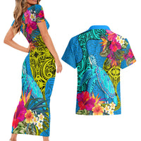 Polynesian Couples Matching Short Sleeve Bodycon Dress and Hawaiian Shirt The Turtle Jung Flower with Maori Pattern Ethnic Style LT03 - Polynesian Pride