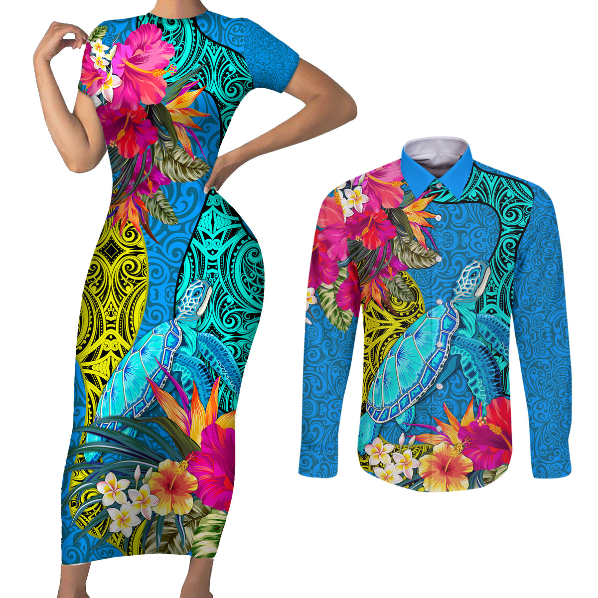 Polynesian Couples Matching Short Sleeve Bodycon Dress and Long Sleeve Button Shirts The Turtle Jung Flower with Maori Pattern Ethnic Style LT03 Blue - Polynesian Pride