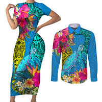 Polynesian Couples Matching Short Sleeve Bodycon Dress and Long Sleeve Button Shirts The Turtle Jung Flower with Maori Pattern Ethnic Style LT03 Blue - Polynesian Pride