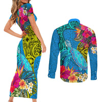 Polynesian Couples Matching Short Sleeve Bodycon Dress and Long Sleeve Button Shirts The Turtle Jung Flower with Maori Pattern Ethnic Style LT03 - Polynesian Pride