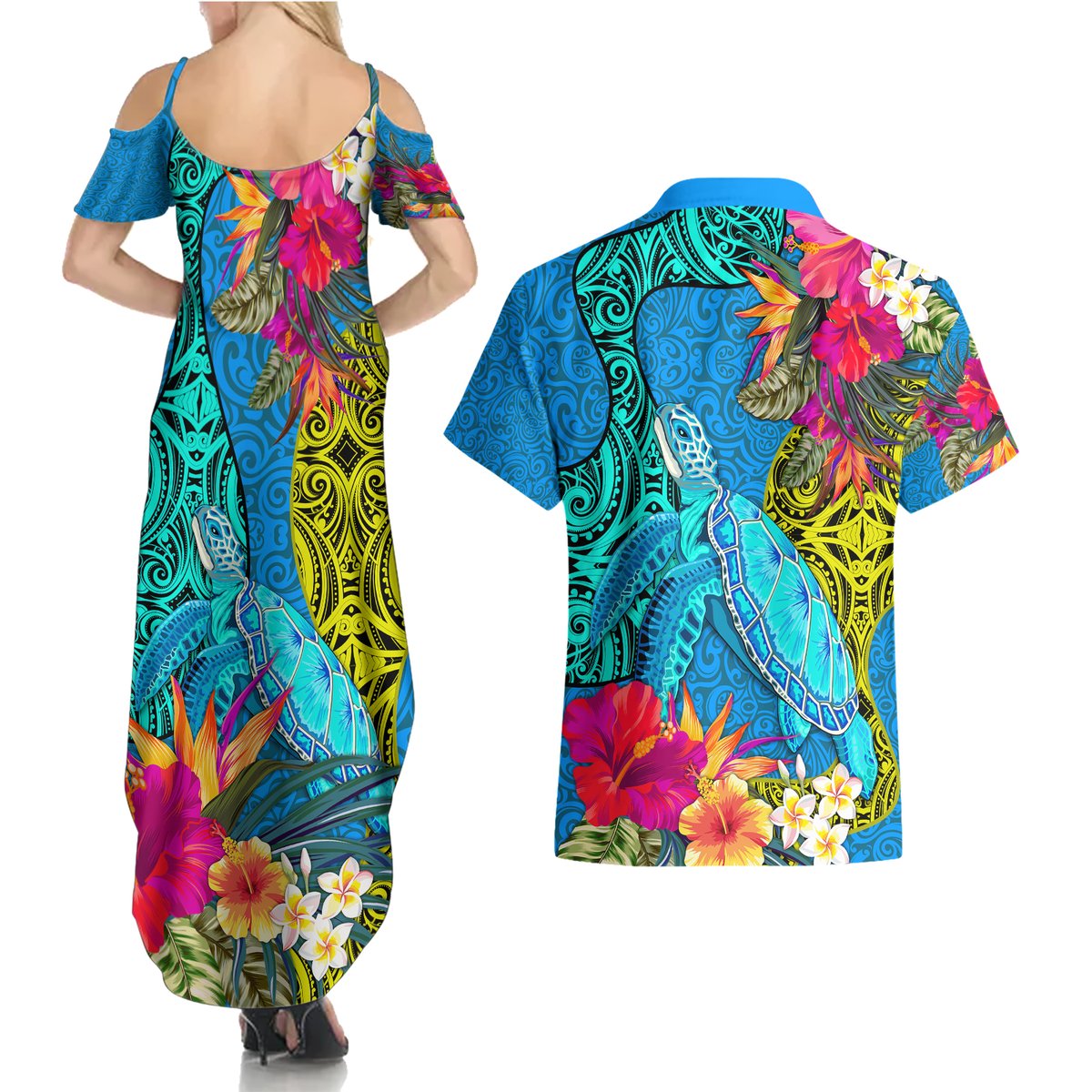 Polynesian Couples Matching Summer Maxi Dress and Hawaiian Shirt The Turtle Jung Flower with Maori Pattern Ethnic Style LT03 - Polynesian Pride