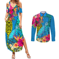 Polynesian Couples Matching Summer Maxi Dress and Long Sleeve Button Shirts The Turtle Jung Flower with Maori Pattern Ethnic Style LT03 Blue - Polynesian Pride
