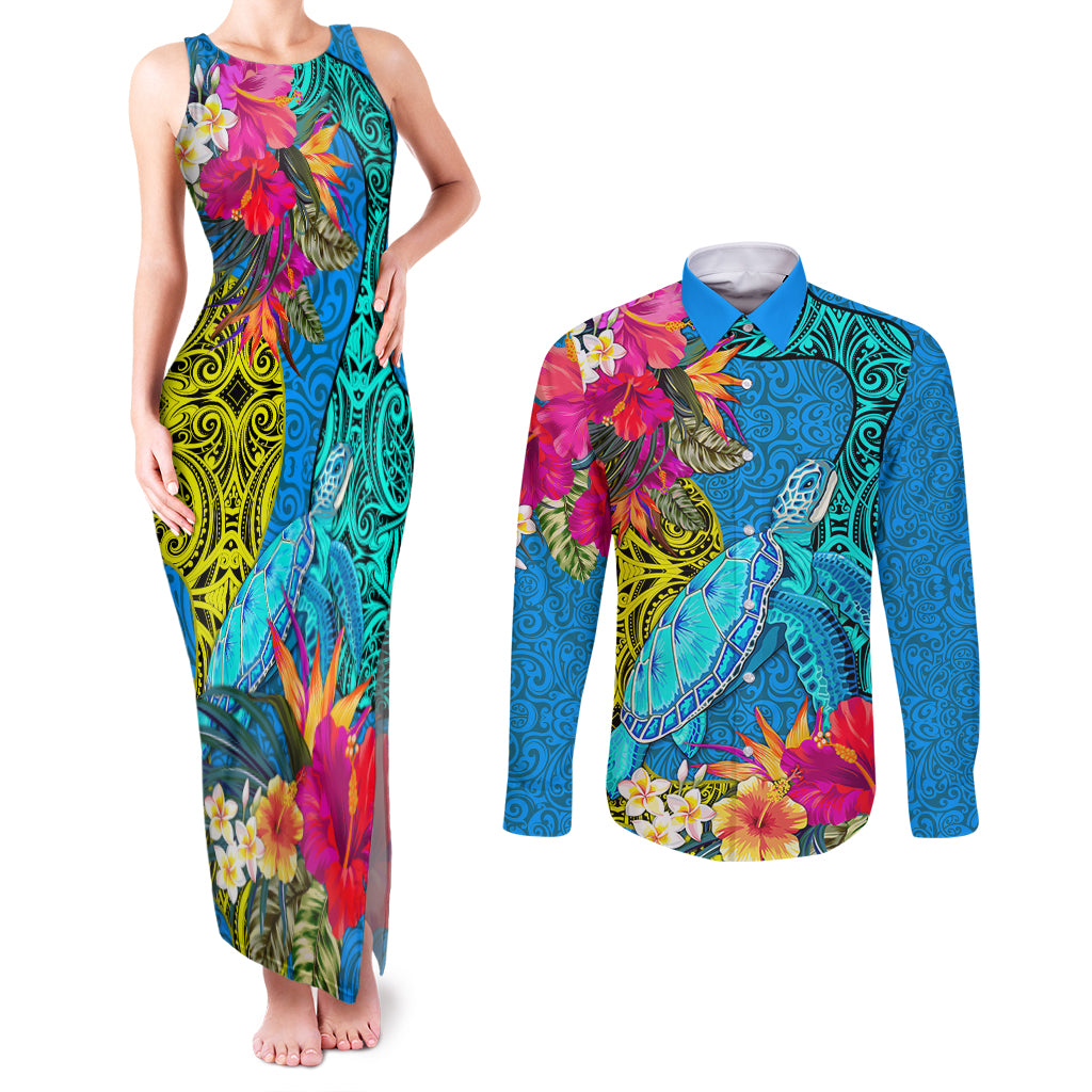 Polynesian Couples Matching Tank Maxi Dress and Long Sleeve Button Shirts The Turtle Jung Flower with Maori Pattern Ethnic Style LT03 Blue - Polynesian Pride