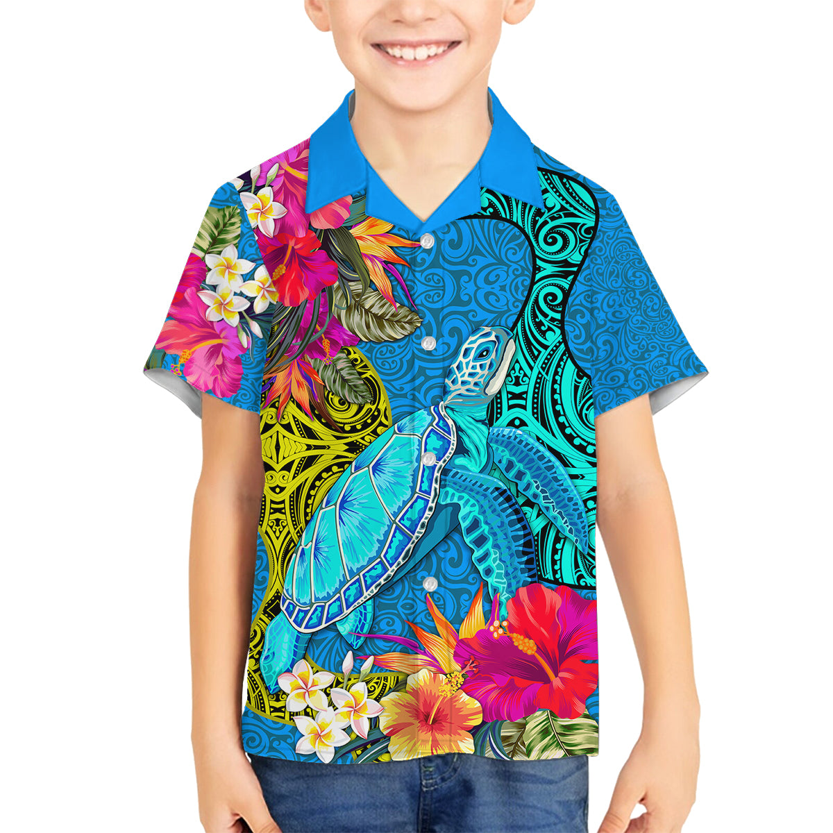 polynesian-family-matching-off-shoulder-short-dress-and-hawaiian-shirt-the-turtle-jung-flower-with-maori-pattern-ethnic-style