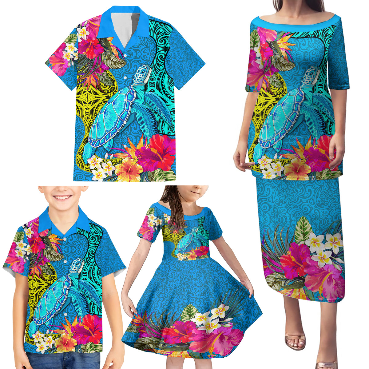 Polynesian Family Matching Puletasi Dress and Hawaiian Shirt The Turtle Jung Flower with Maori Pattern Ethnic Style LT03 - Polynesian Pride