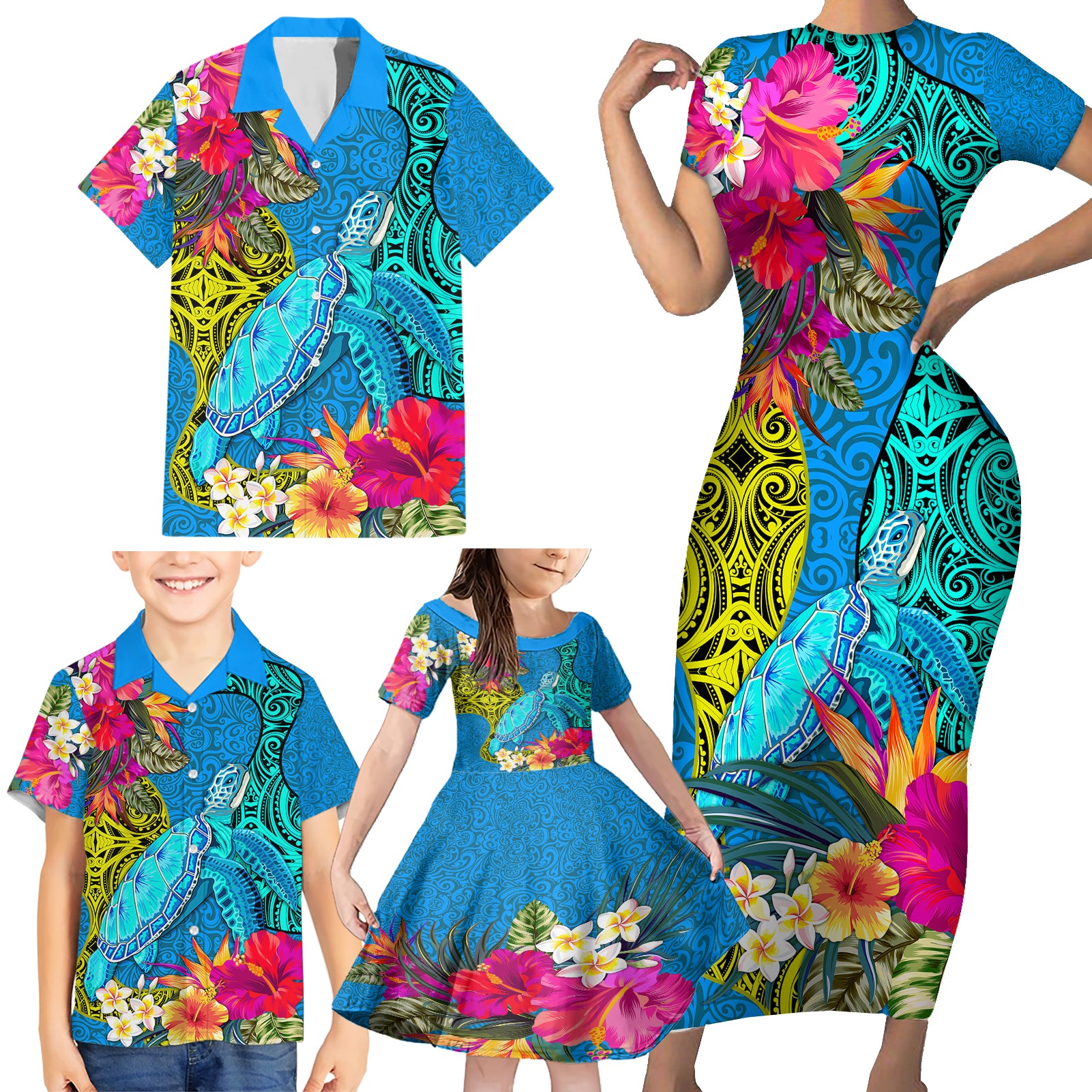 polynesian-family-matching-short-sleeve-bodycon-dress-and-hawaiian-shirt-the-turtle-jung-flower-with-maori-pattern-ethnic-style