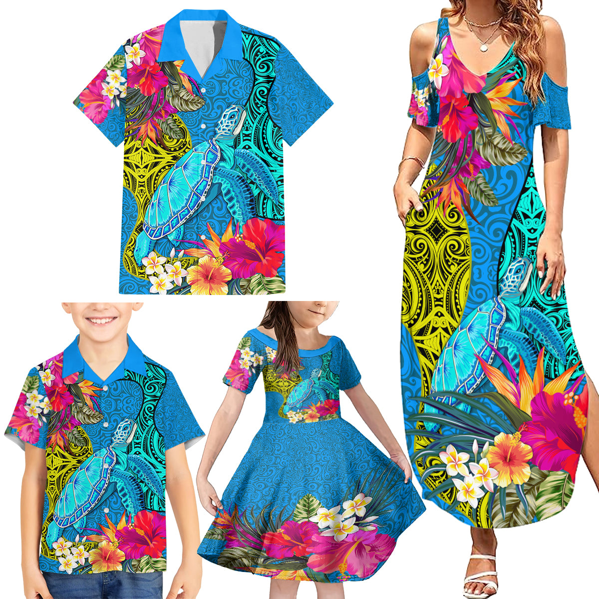 polynesian-family-matching-summer-maxi-dress-and-hawaiian-shirt-the-turtle-jung-flower-with-maori-pattern-ethnic-style