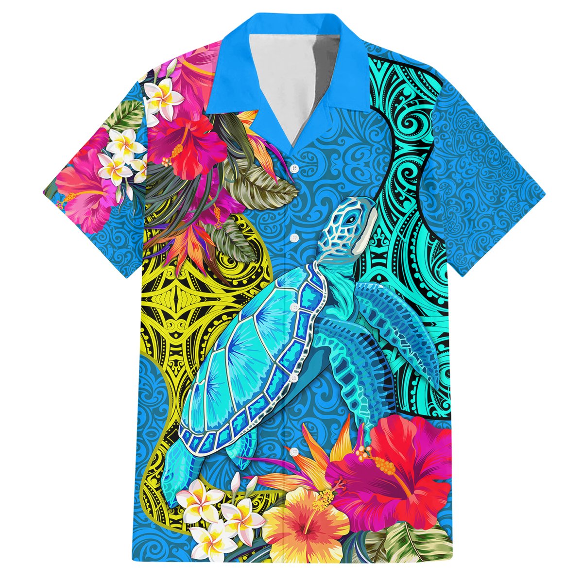 Polynesian Hawaiian Shirt The Turtle Jung Flower with Maori Pattern Ethnic Style LT03 Blue - Polynesian Pride