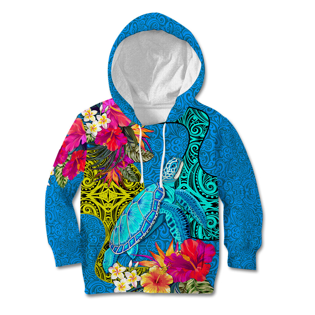 Polynesian Kid Hoodie The Turtle Jung Flower with Maori Pattern Ethnic Style LT03 Hoodie Blue - Polynesian Pride