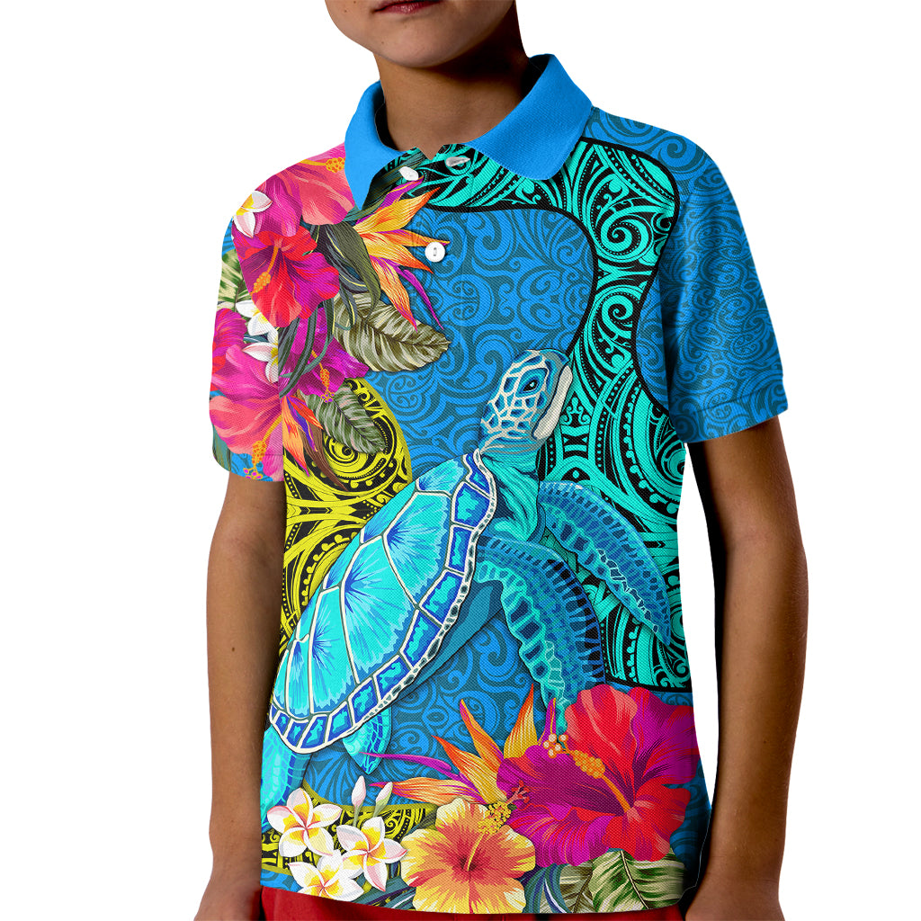 Polynesian Kid Polo Shirt The Turtle Jung Flower with Maori Pattern Ethnic Style LT03 Kid Blue - Polynesian Pride
